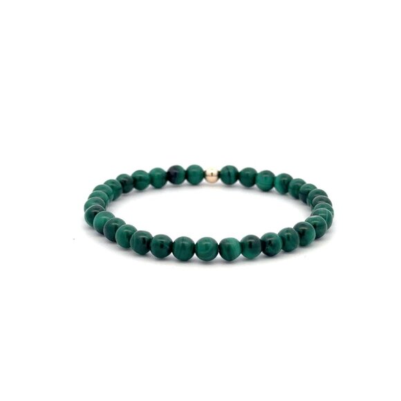 Malachite Gemstone Beaded Stretch Bracelet with 14K Gold Accent Bead Handmade - Picture 4 of 7